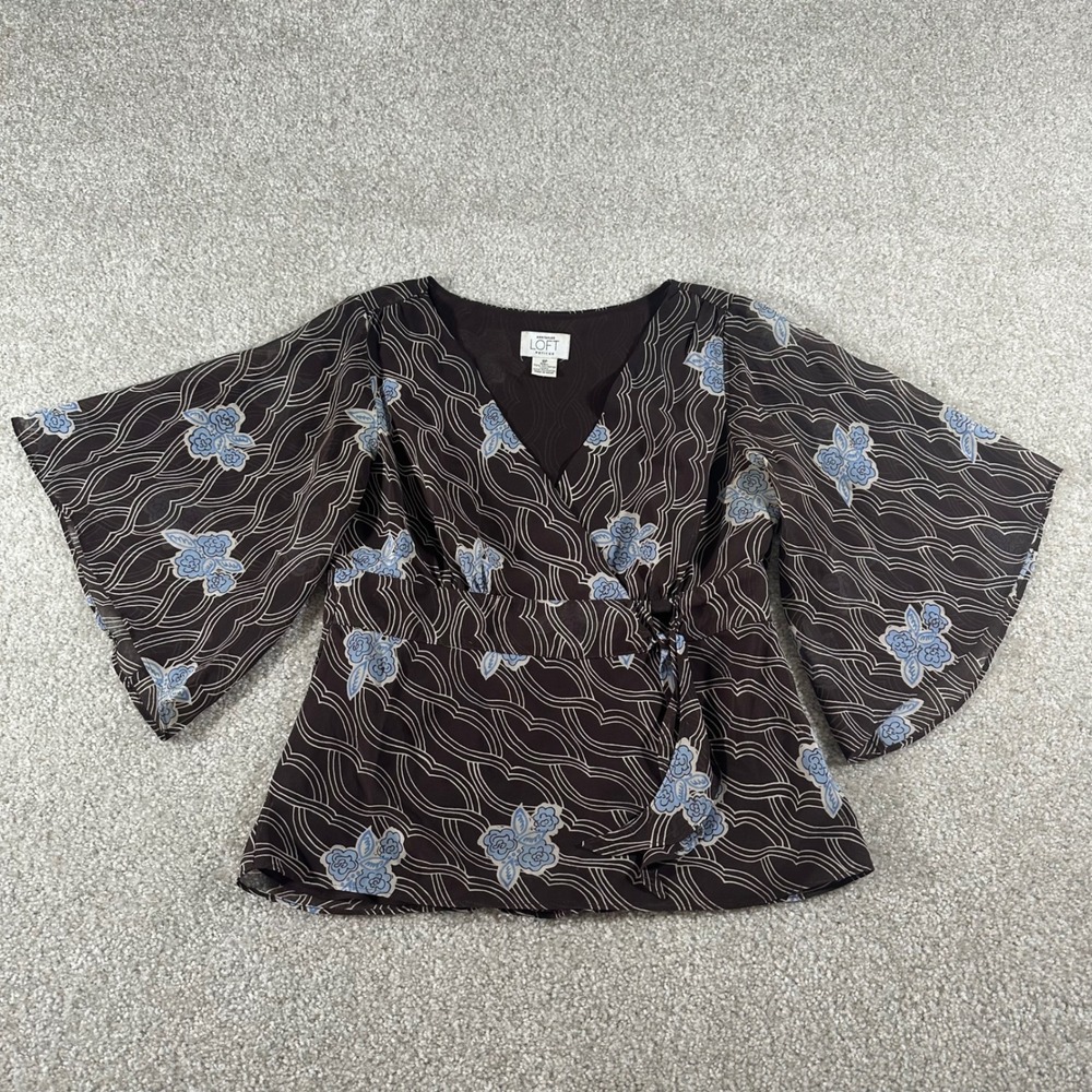 Boho Ann Taylor Loft Petites Brown Floral Bell Sleeve Wrap Blouse Top Size 8P